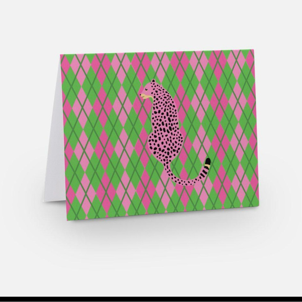 Pink and Green Argyle Cheetah 10 Cards with Envelopes